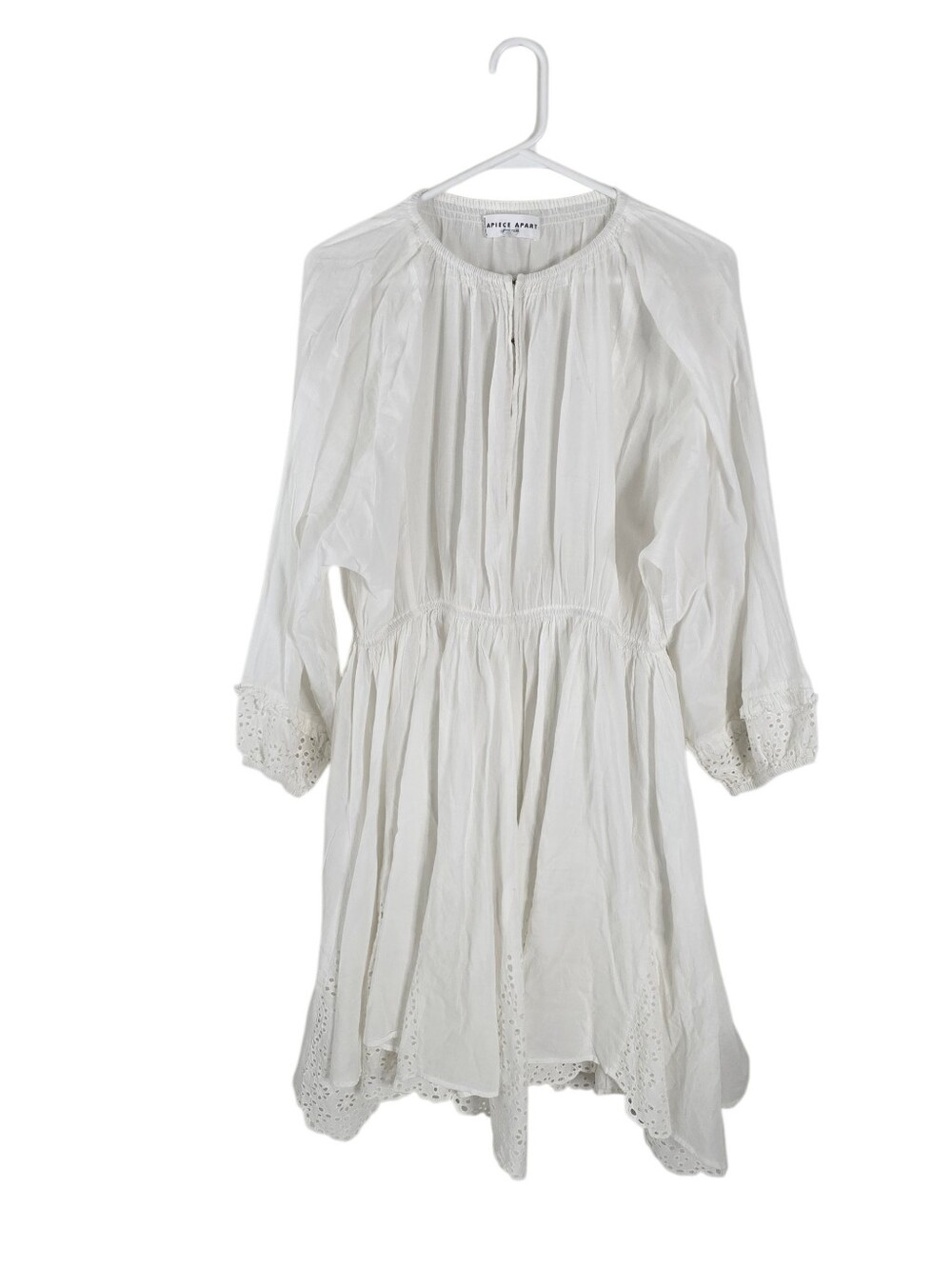 Apiece Apart White Cotton Eyelet Peasant Mini Dress 4 Balloon Sleeve Boho